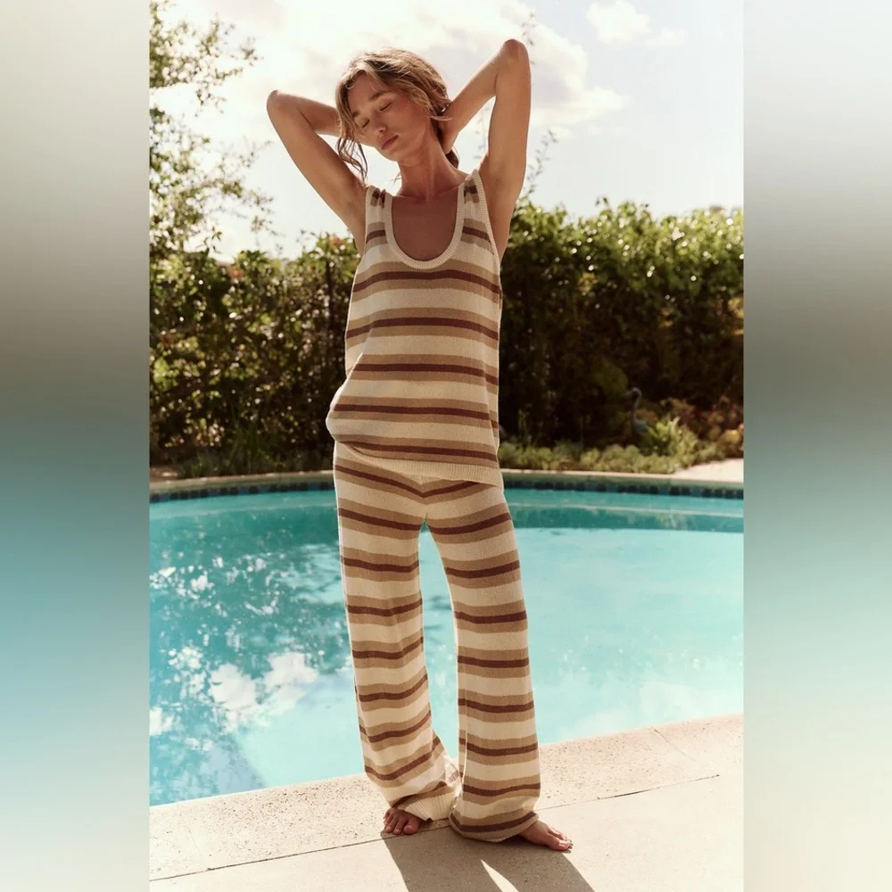 Free People Beach Striped Sweater Pant / Tank Set - Cream and Brown - Picture 2 of 5